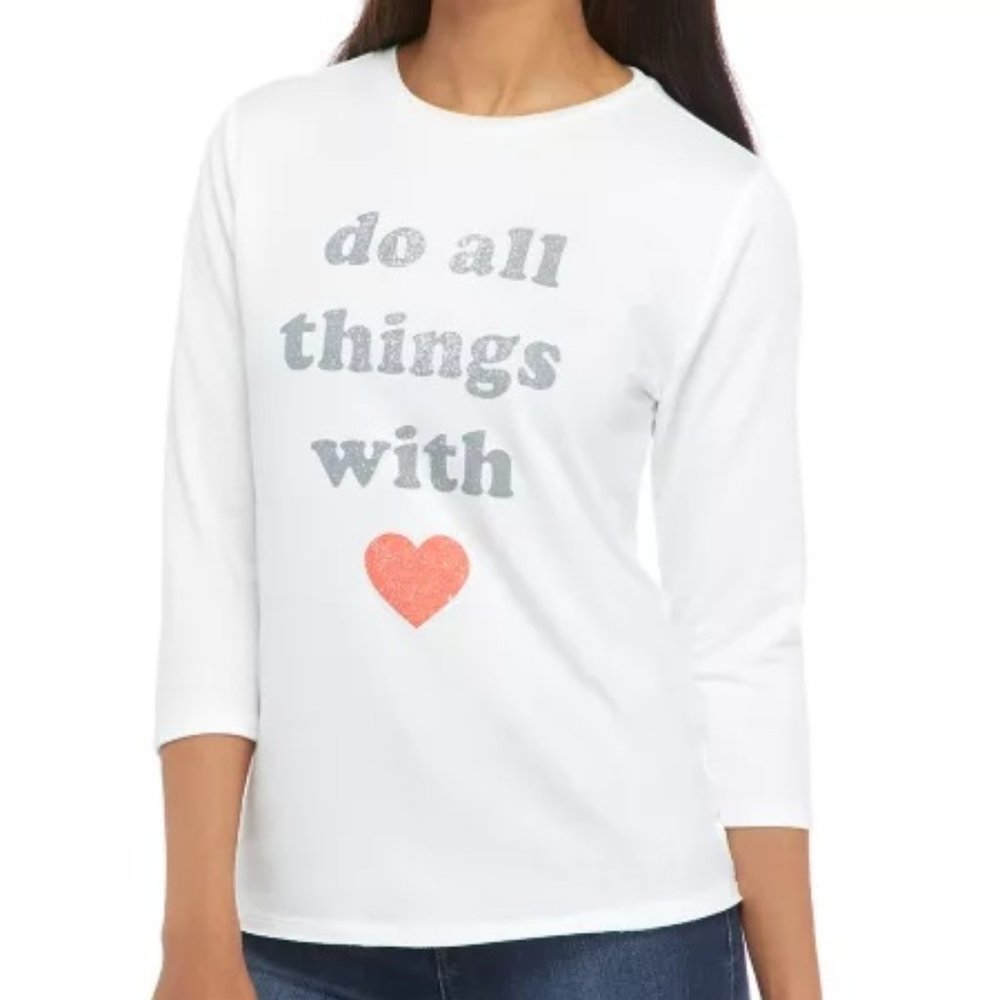 New Directions Studio Women’s 3/4 Sleeve Graphic Crew Neck Pullover Shirt NWT